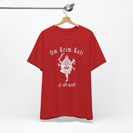 Goddess Kali Om Krim Kali mantra graphic t-shirt design on red apparel.