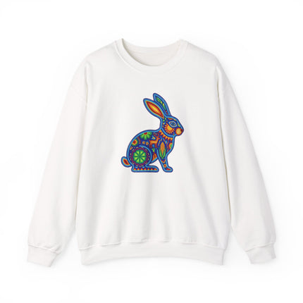 Colorful Huichol beaded rabbit design on a pullover sweatshirt featuring Mexican folk art.