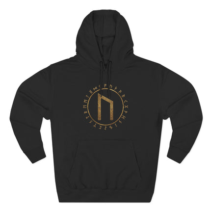 Black hoodie featuring the Uruz rune and Elder Futhark alphabet in gold Norse mythology design.