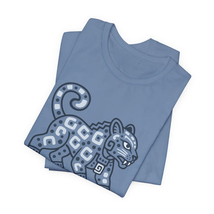 Mayan Jaguar T-Shirt | Teal Walking Cat with Geometric Markings Tee