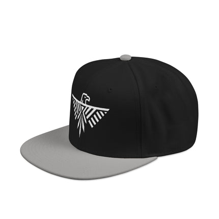 Thunderbird geometric embroidery on black snapback hat, featuring Native American art design.