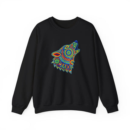 Rainbow huichol wolf howling sweatshirt featuring geometric tribal art design.