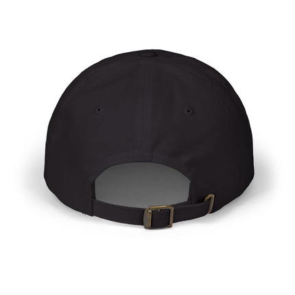 Spiritual black baseball cap with embroidered Dharma Wheel symbol.
