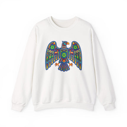 Colorful Huichol eagle graphic on white sweatshirt, featuring Mexican folk art tribal design.