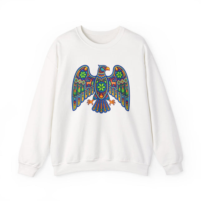 Colorful Huichol eagle graphic on white sweatshirt, featuring Mexican folk art tribal design.