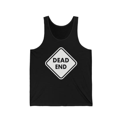 Dead End graphic on a black tank top. Warning sign design.