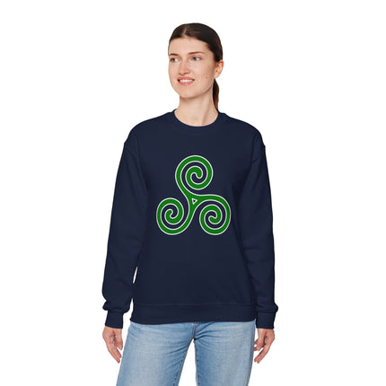 Celtic Triskelion spiral knotwork design on a navy unisex sweatshirt.