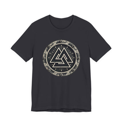 Circular Norse Valknut symbol graphic on a dark t-shirt.