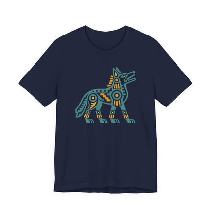 Aztec Coyote T-Shirt | Blue Geometric Mesoamerican Animal Art Tee