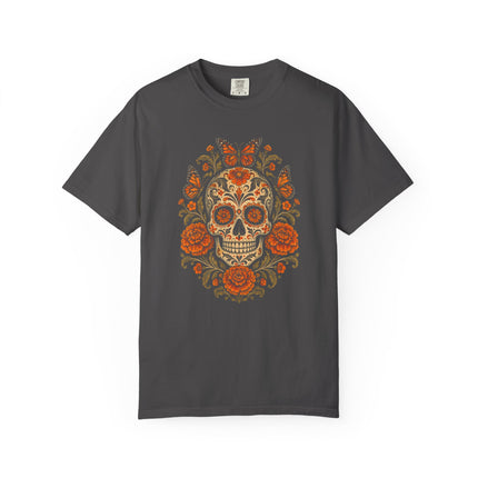 Skull with Butterflies T-Shirt | Orange Flowers and Calavera Art
