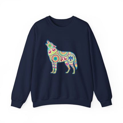 Mexican folk art wolf graphic sweatshirt featuring vibrant Huichol geometric patterns.