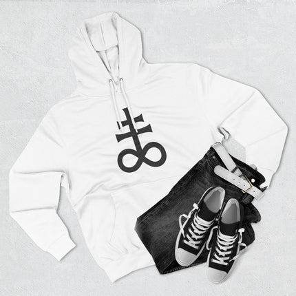 White graphic streetwear hoodie featuring a black esoteric alchemical symbol design.