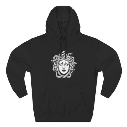 Medusa Gorgon head graphic print on a black unisex hoodie.