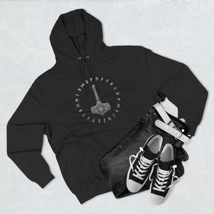 Mjolnir Thor's hammer and Norse runes design on a black Viking mythology hoodie.