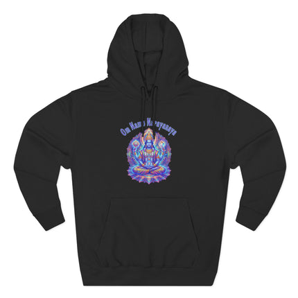 Om Namah Narayanaya mantra and psychedelic Lord Vishnu mandala on a black spiritual hoodie.