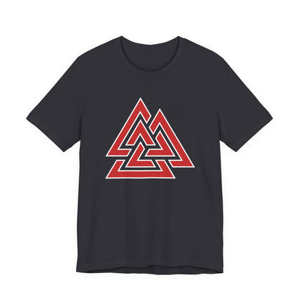 Red Valknut Norse symbol graphic on a black t-shirt.