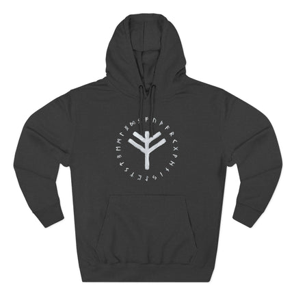 Black hoodie featuring the Fehu rune and the complete Elder Futhark runic alphabet design.