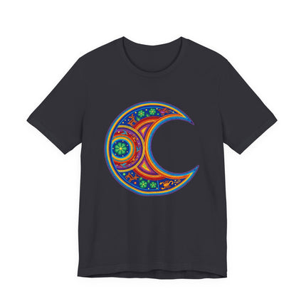 Black t-shirt featuring a vibrant Huichol art crescent moon mandala design.