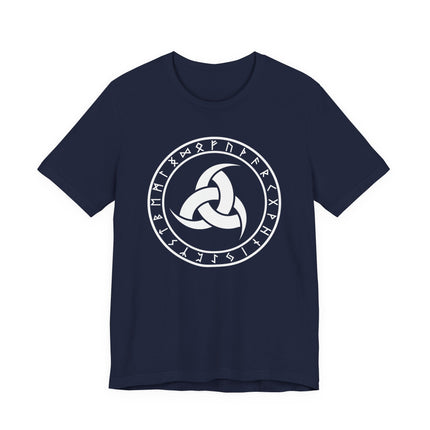 Norse Odin's horns and rune circle graphic tee featuring Viking mythology symbols.