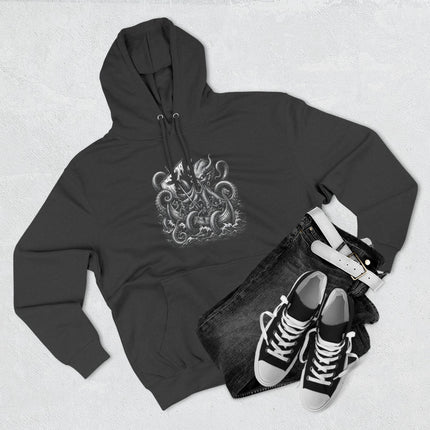 Mythical Kraken sea monster graphic on a black Norse mythology pullover hoodie.