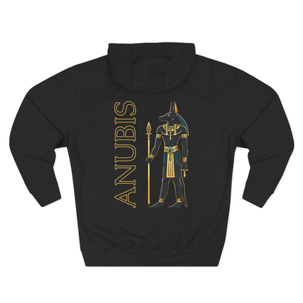Anubis Egyptian god graphic on a black pullover hoodie featuring the jackal-headed deity.