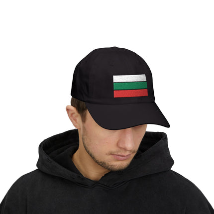 Black baseball cap featuring the embroidered Bulgarian flag for national pride.