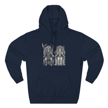 Odin and Frigg Norse gods artwork, seated on thrones, Viking mythology design.