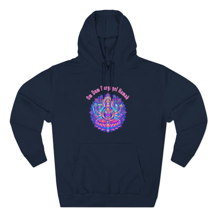 Spiritual Durga Goddess mandala hoodie featuring Om Dum Durgayei Namah mantra.