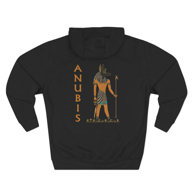 Stylized Anubis Egyptian god print on a black hoodie. Mythology apparel featuring the jackal god.