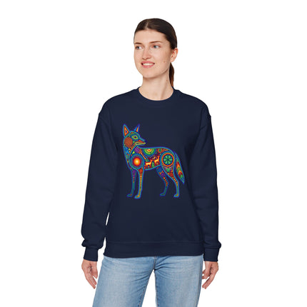 Vibrant Huichol coyote graphic on a navy sweatshirt. Mexican folk art spirit guide design.