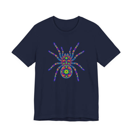 Huichol art t-shirt featuring a psychedelic rainbow tarantula mandala design.