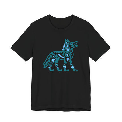 Aztec Coyote T-Shirt | Blue Geometric Mesoamerican Animal Art Tee