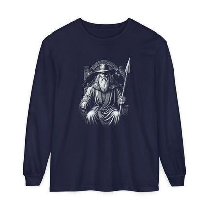 Odin Long Sleeve T-Shirt | Seated Norse God with Spear and Ravens Tee