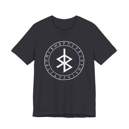 Norse Bind Rune and Elder Futhark graphic on black t-shirt, symbolizing protection and ancient wisdom.