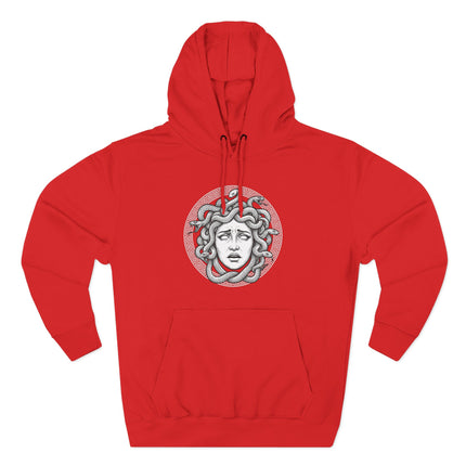 Medusa head graphic with snakes and Greek key pattern on a red pullover hoodie.