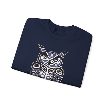 Red black sweatshirt featuring Indigenous Pacific Northwest owl formline art design print.