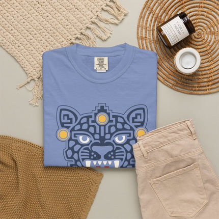 Aztec Jaguar Mask T-Shirt | Teal Feline Face with White Fang Details Tee