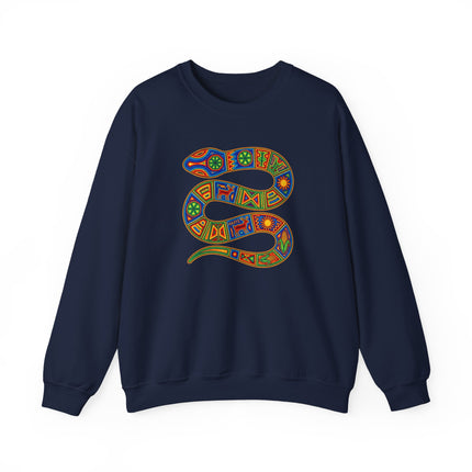 Vibrant Huichol snake art sweatshirt featuring indigenous geometric serpent patterns.