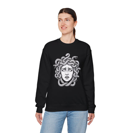 Medusa head graphic on black sweatshirt, featuring snakes and Greek mythology art.