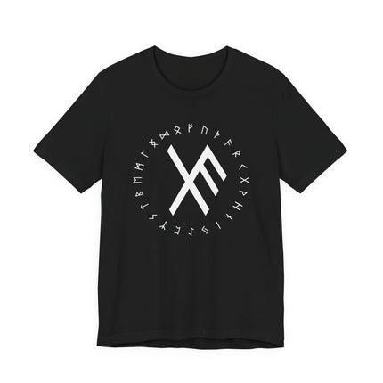 Norse rune graphic tee featuring a central sigil and surrounding Elder Futhark runes.