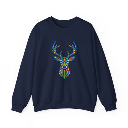 Vibrant Huichol deer graphic on a navy sweatshirt. Mexican folk art geometric design.