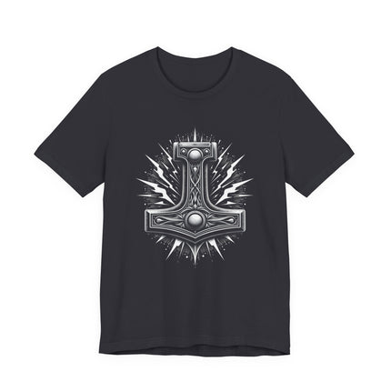 Norse Mjolnir hammer graphic tee on a black shirt, featuring Thor's iconic mythological design.