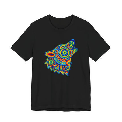 Geometric tribal howling wolf graphic tee in vibrant colors.