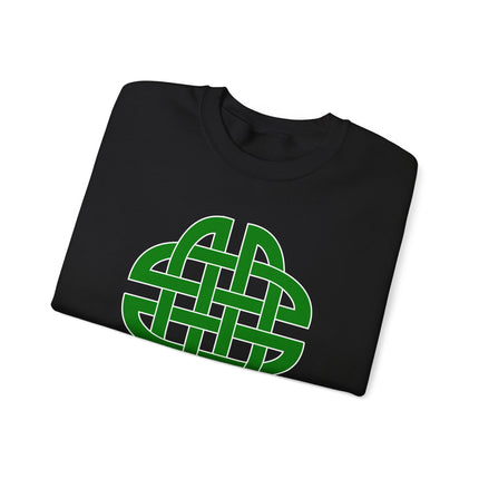Green Celtic knotwork graphic on a black pullover sweatshirt.
