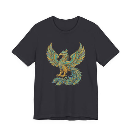 Golden Homa Bird Persian phoenix art design on a black t-shirt.