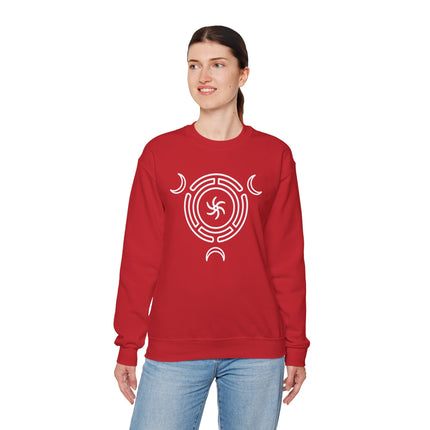 Red occult sweatshirt featuring the white Triple Goddess Hecate's Wheel symbol graphic.