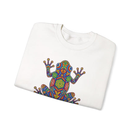 Vibrant Huichol frog art sweatshirt featuring colorful Mexican indigenous geometric pullover design.