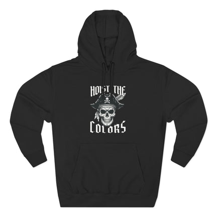 Hoist The Colors" pirate skull graphic hoodie featuring a tricorn hat and nautical skull design.
