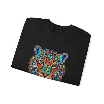 Vibrant Huichol jaguar artwork pullover sweatshirt featuring colorful Mexican folk art design.