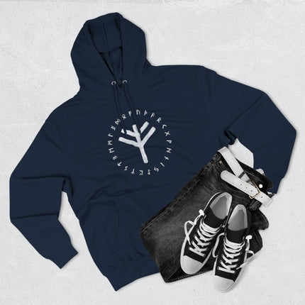 Norse Fehu rune and Elder Futhark runes graphic pullover hoodie featuring ancient Viking wisdom.